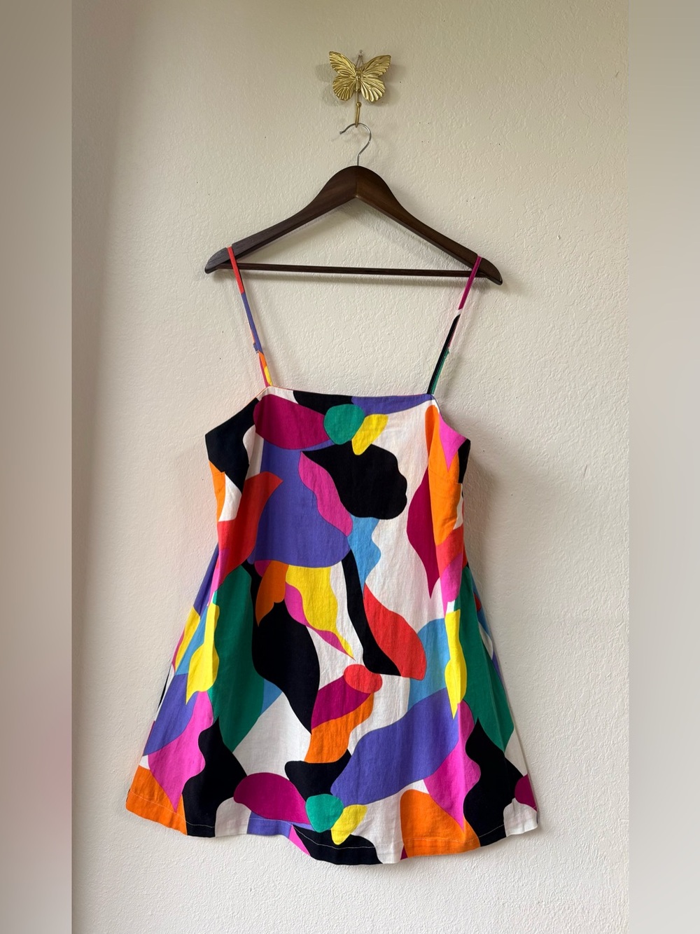 A New Day Colorful Abstract Print Spaghetti Strap Linen Mini Dress Size L - Picture 2 of 7